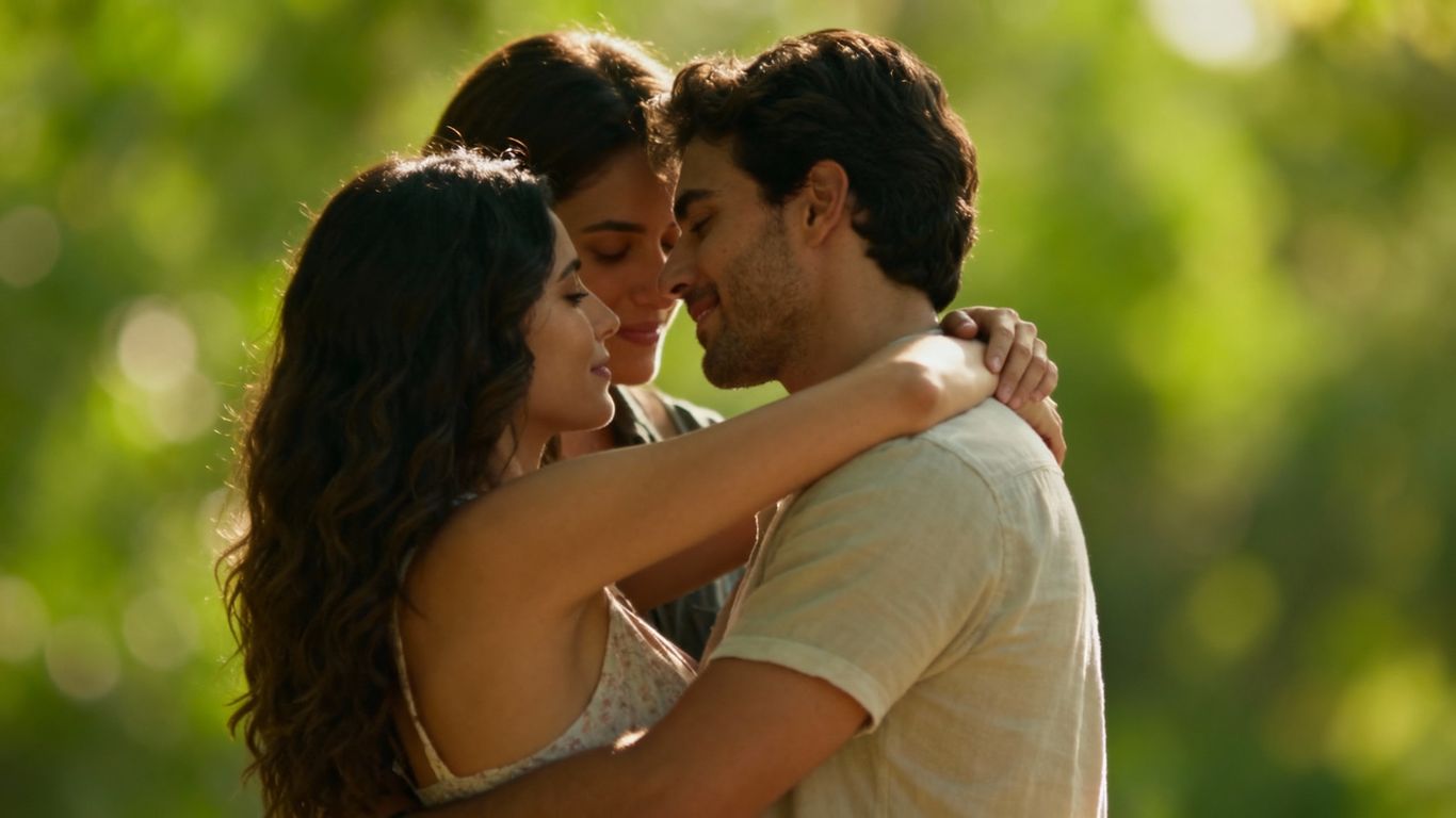 Couples embracing in green light, symbolizing love.