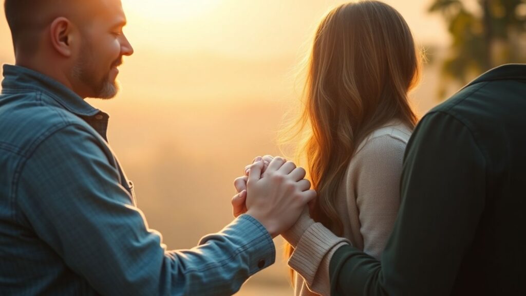 Couples embracing in warm, soft light.