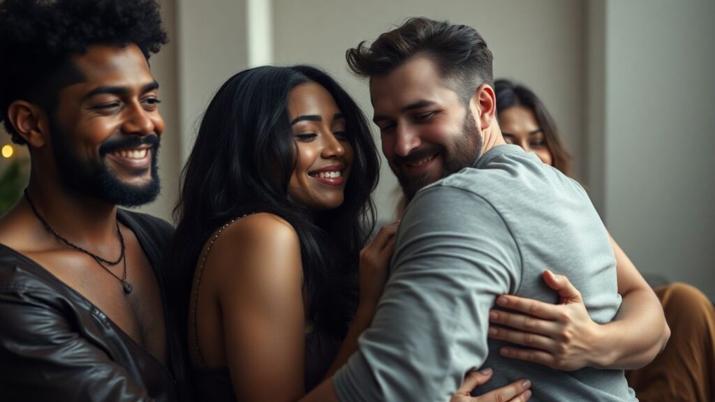 Couples embracing, one with BDSM hints, suggesting polyamory.