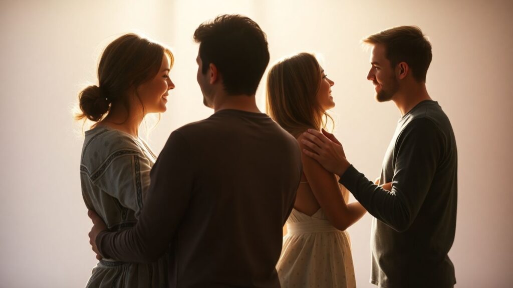 Couples embracing, spiritual connection, open love