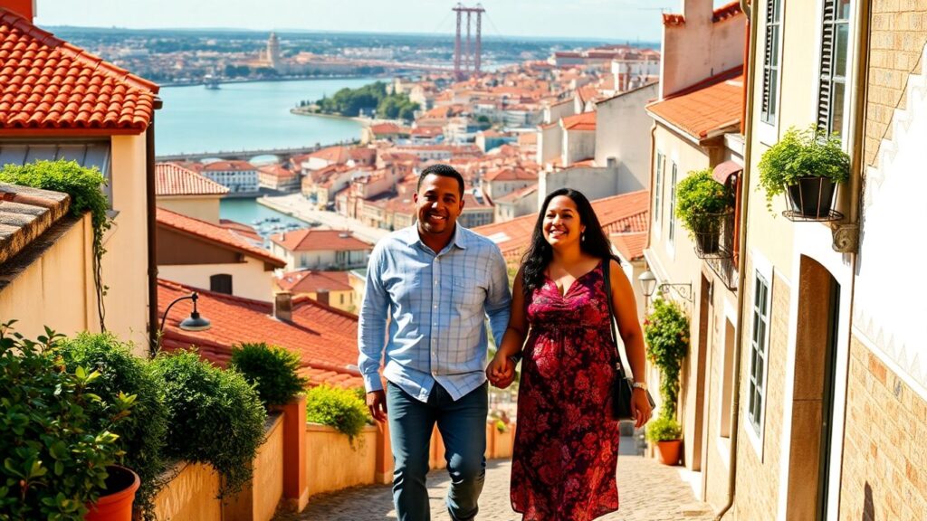 Couples in Lisbon, Portugal, enjoying a romantic stroll.