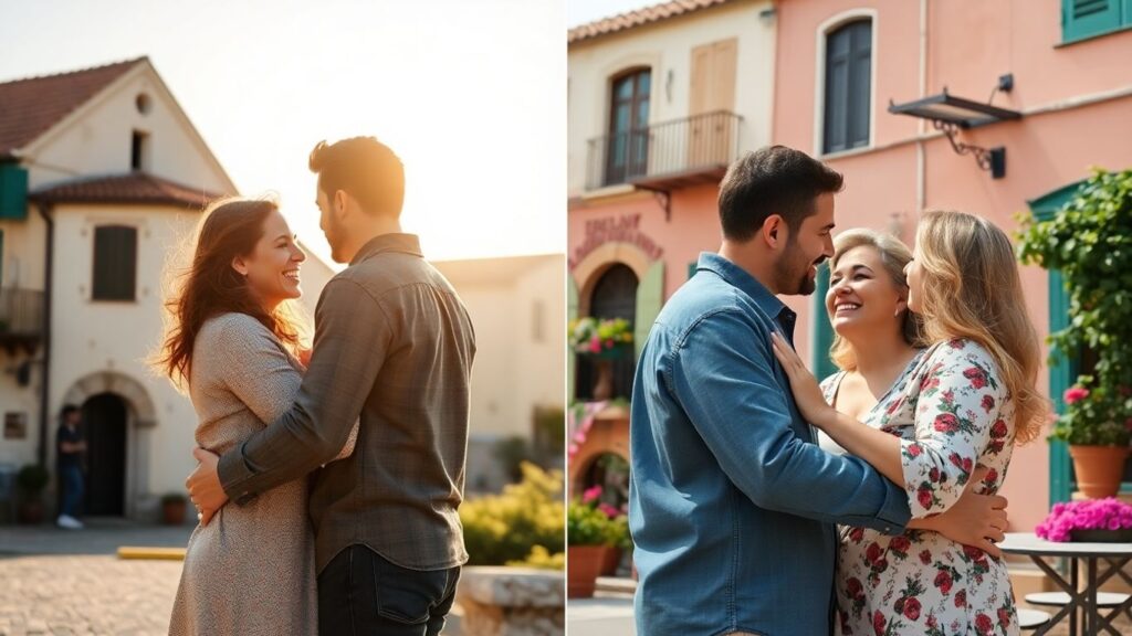 Couples in Northern and Southern European settings, diverse relationships.