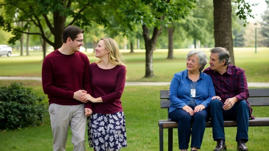 Couples in a park, one holding hands, the other close.