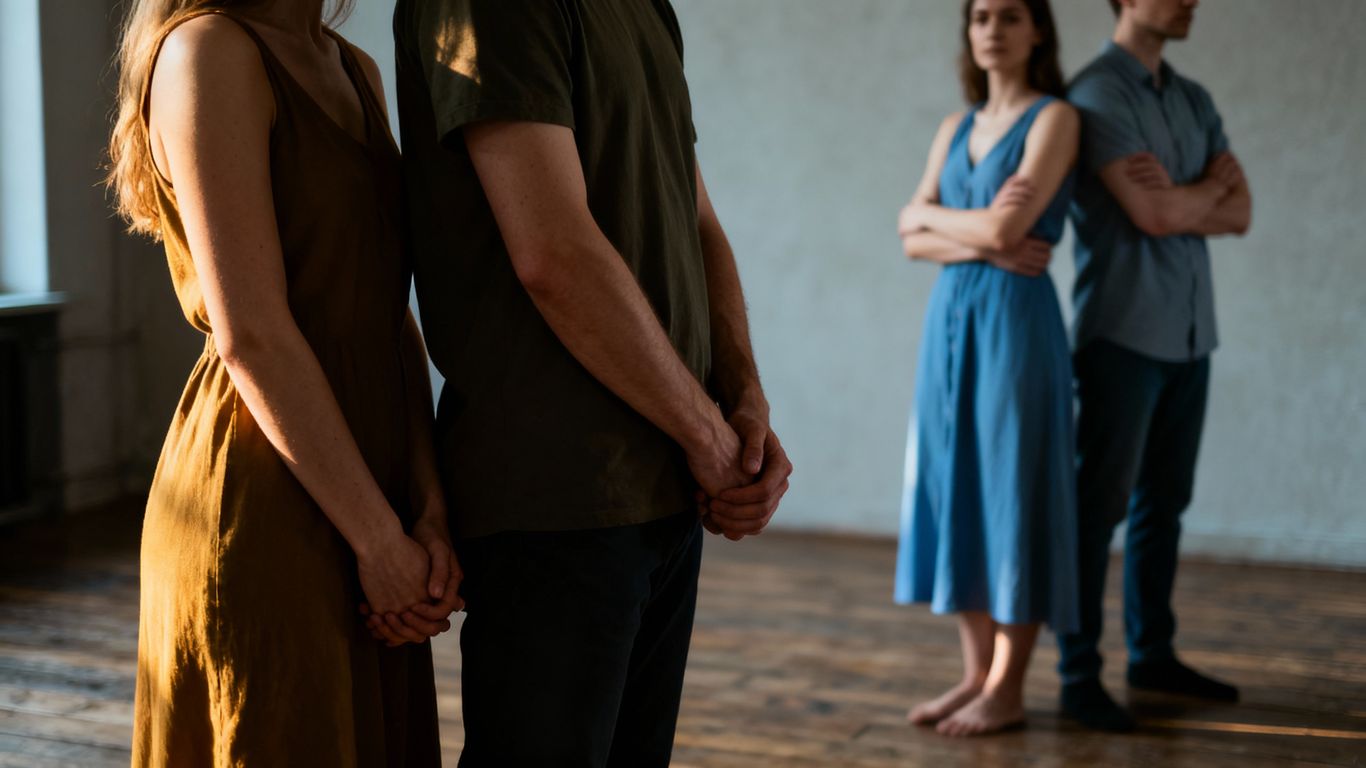 Couples in polyamorous relationship showing energy misalignment.