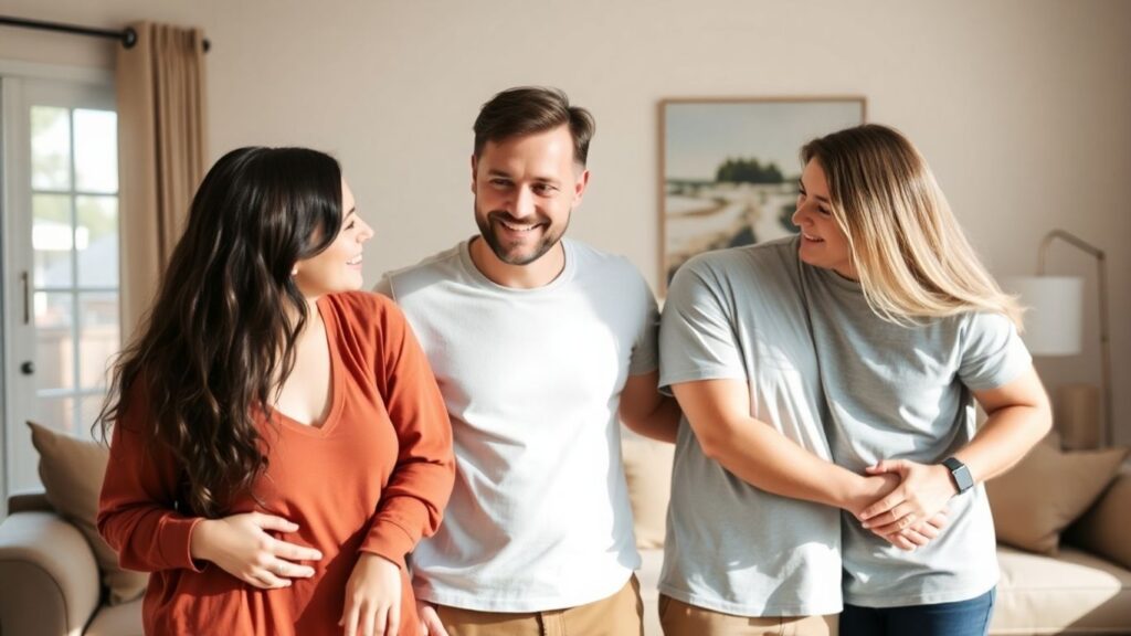 Couples interacting warmly in a comfortable living space.