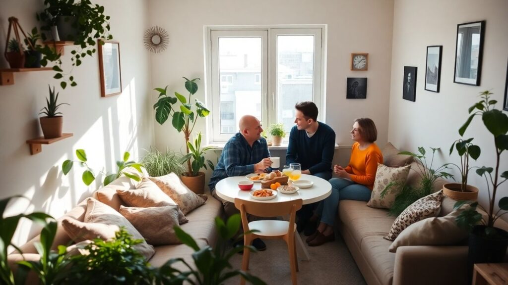 Couples sharing a meal in a small, plant-filled apartment.