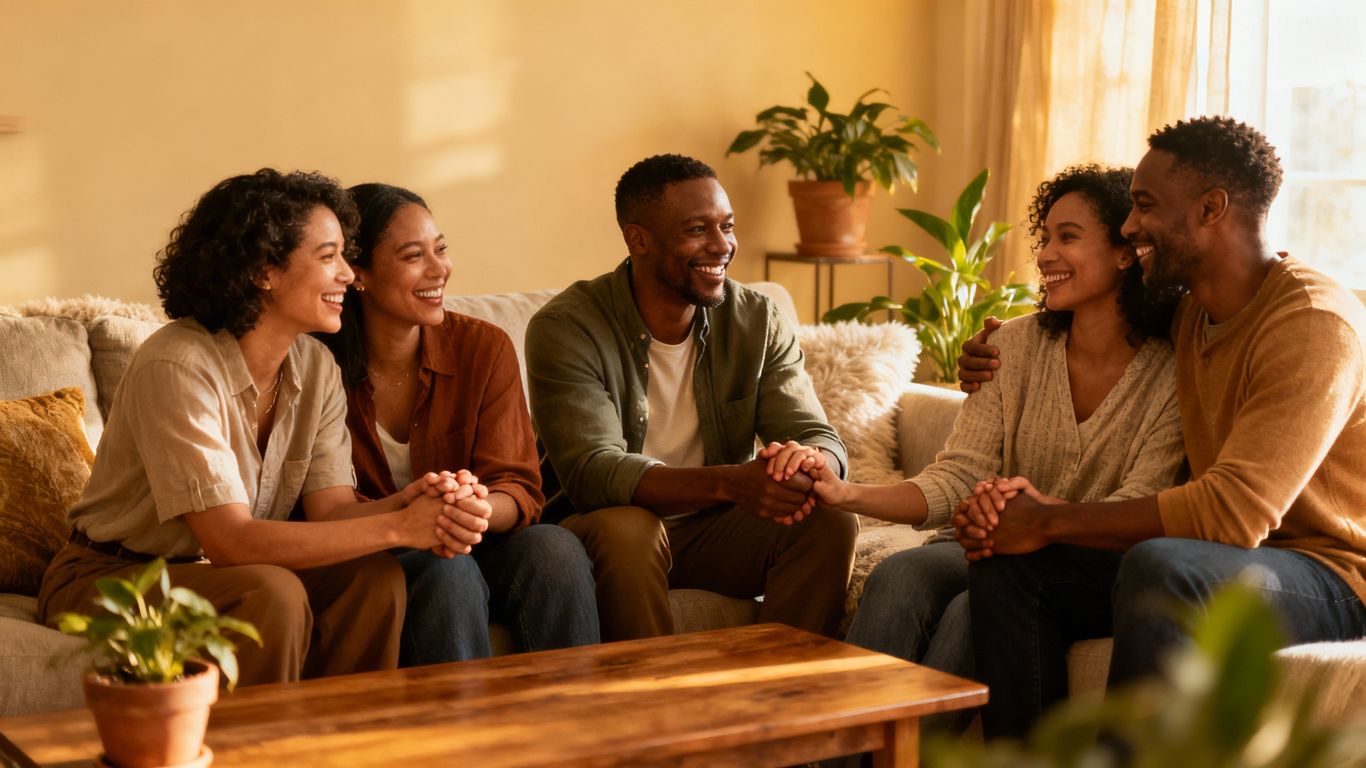 Couples sharing happy, intimate moments in home settings.