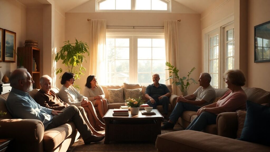 Cozy living room with people sharing space.