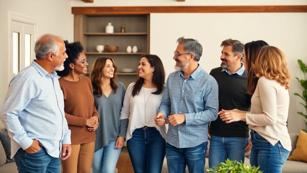 Diverse adults connecting in a comfortable, warm setting.