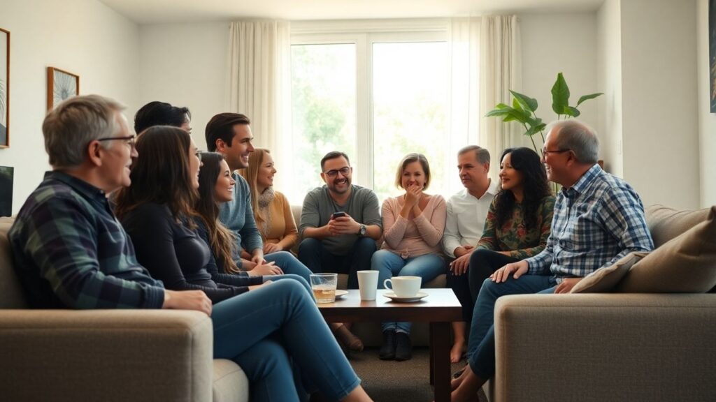Diverse adults sharing a living room, respecting personal space.