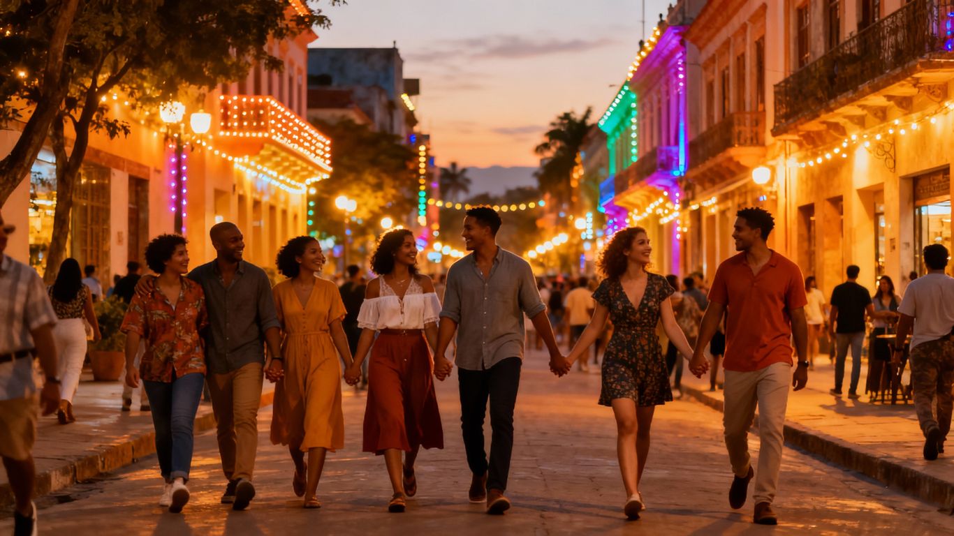 Diverse couples and friends in a lively European city.