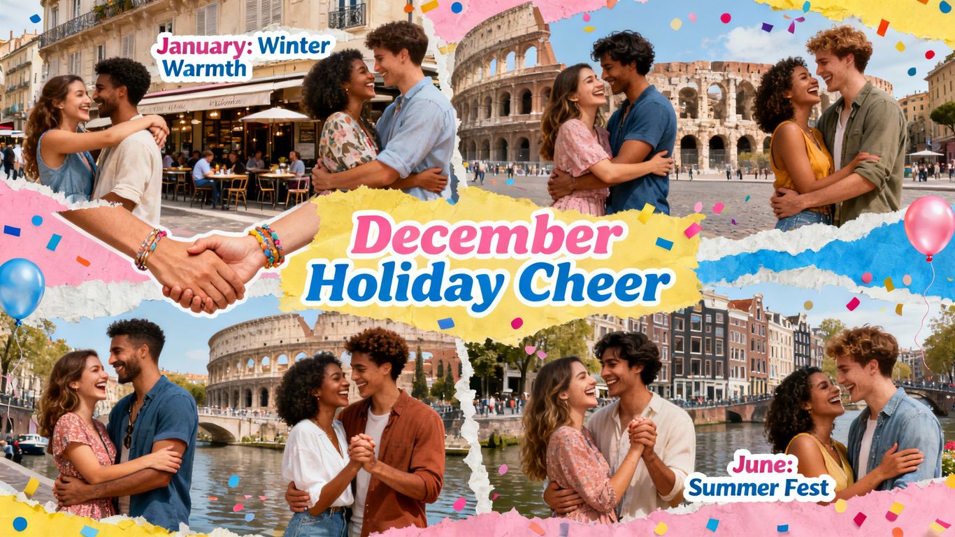 Diverse couples and groups celebrating polyamory events across Europe.