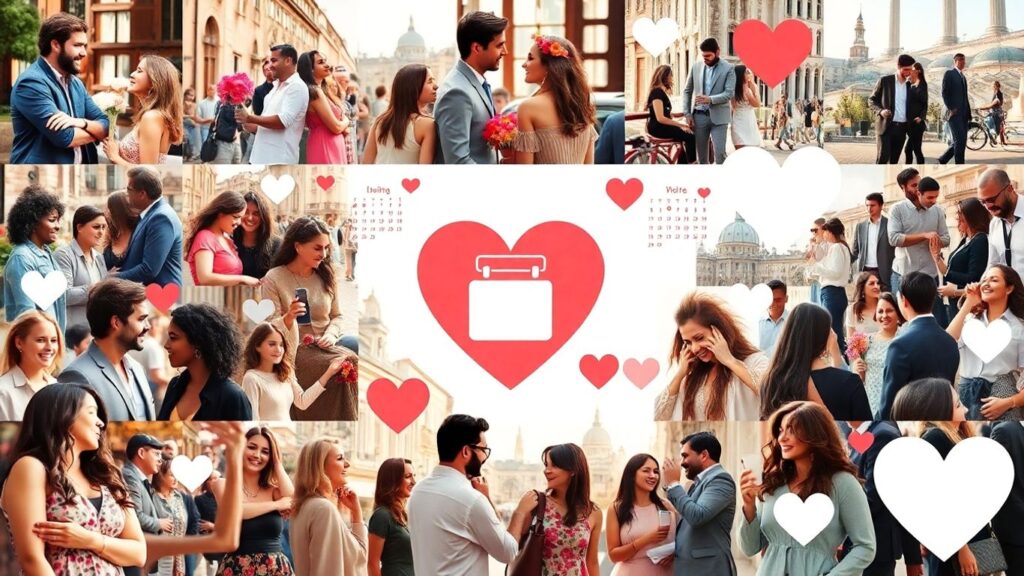 Diverse couples and groups in European cities with calendar icons.