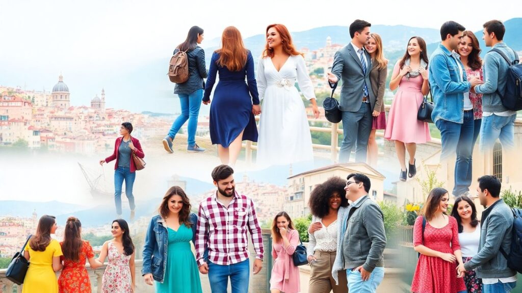 Diverse couples and groups in European settings.