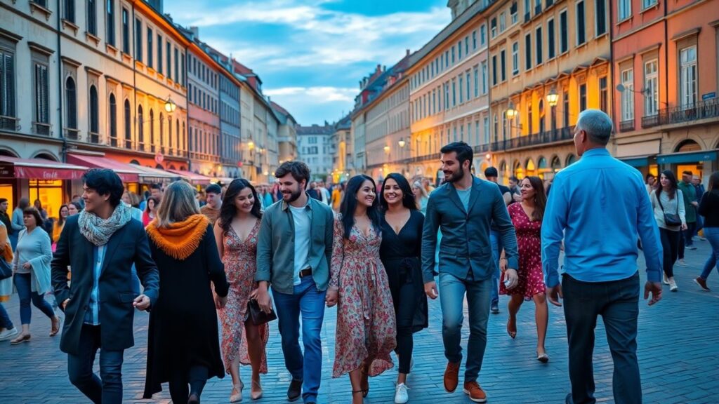 Diverse couples and groups in a European city square.