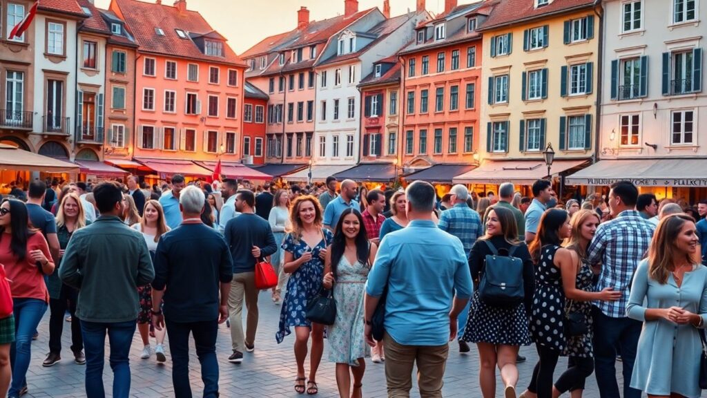 Diverse couples and individuals in a European city square.
