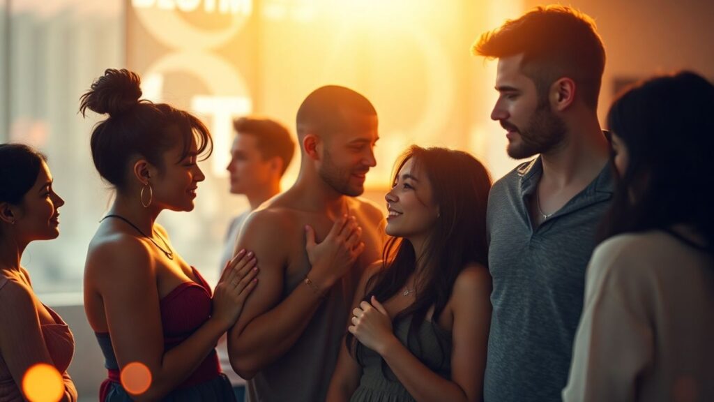 Diverse couples and individuals in connected, intimate poses.