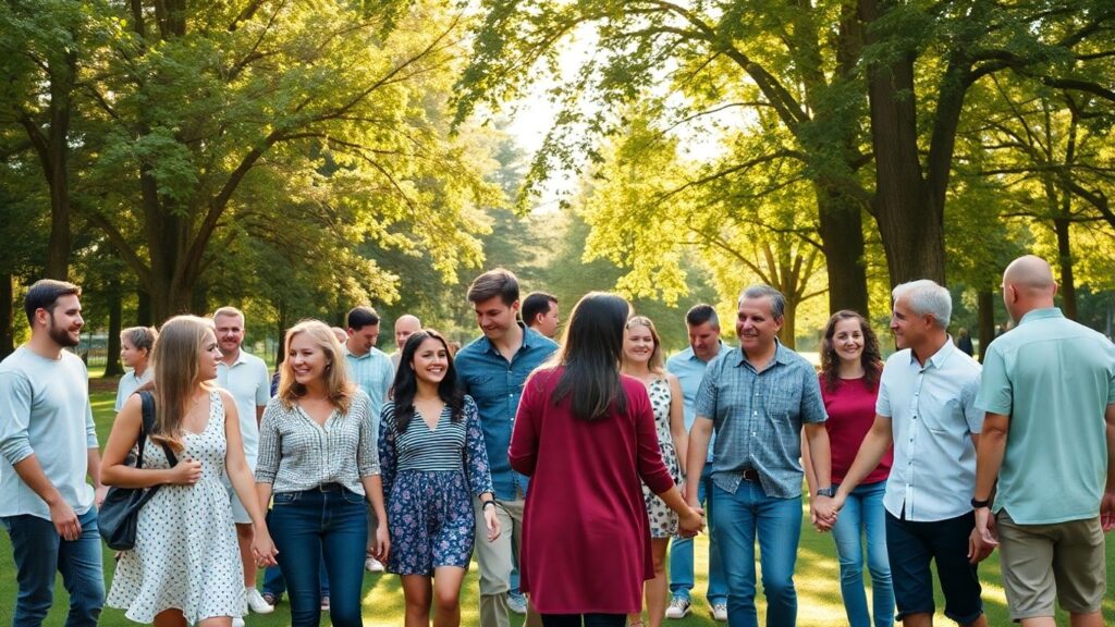 Diverse couples and individuals interacting openly in a park.