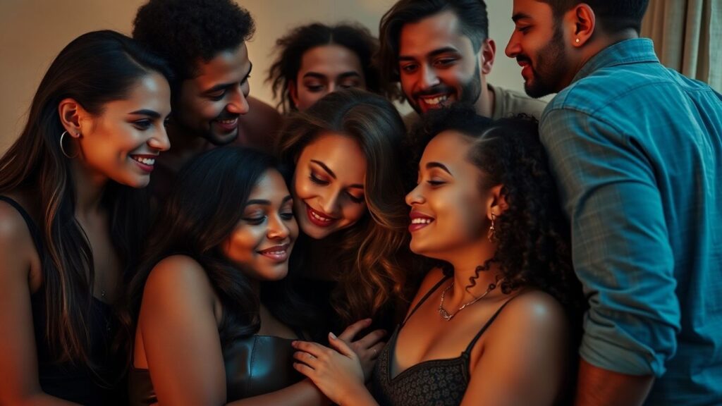 Diverse couples in intimate, connected poses with subtle leather accents.