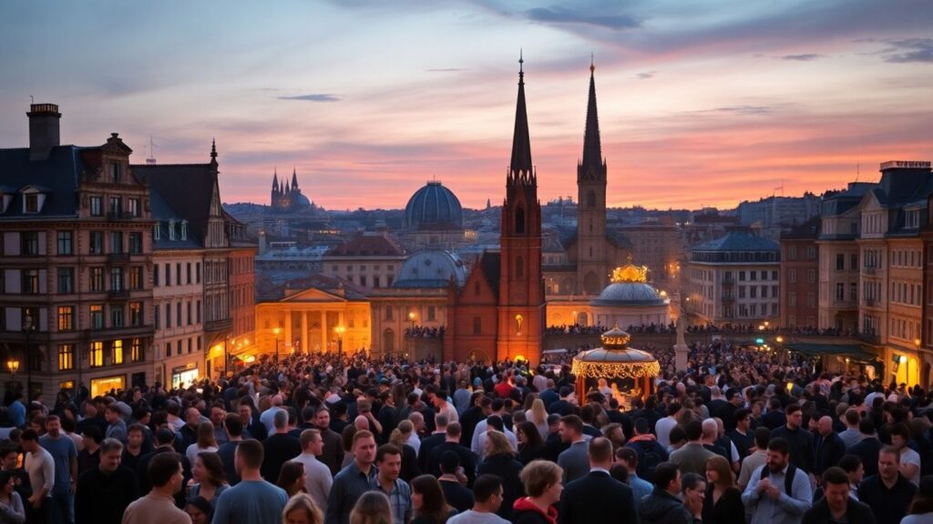 Diverse crowd in a European city at dusk.