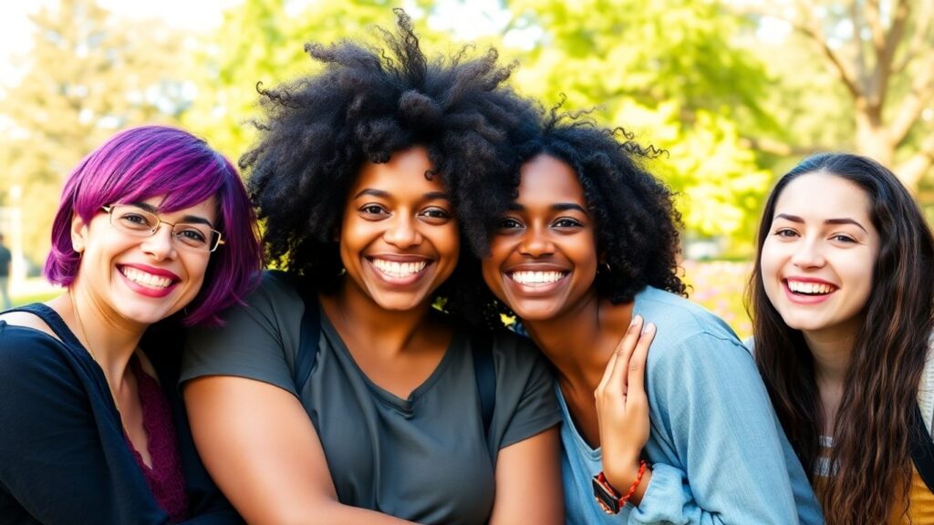 Diverse friends embracing in a park, showing connection.