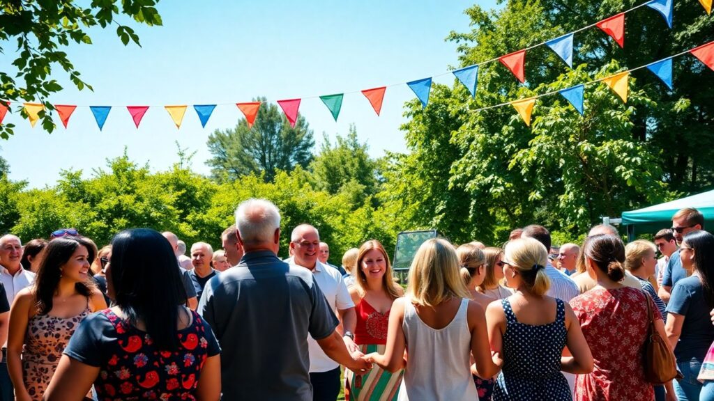 Diverse group at a festive polyamory gathering outdoors.