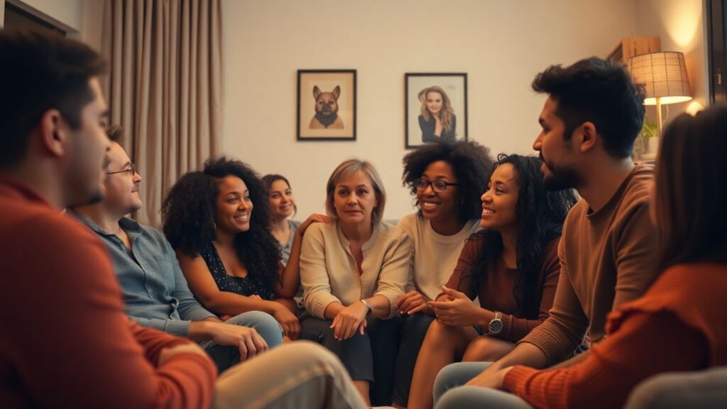 Diverse group connecting in a shared, inclusive space.