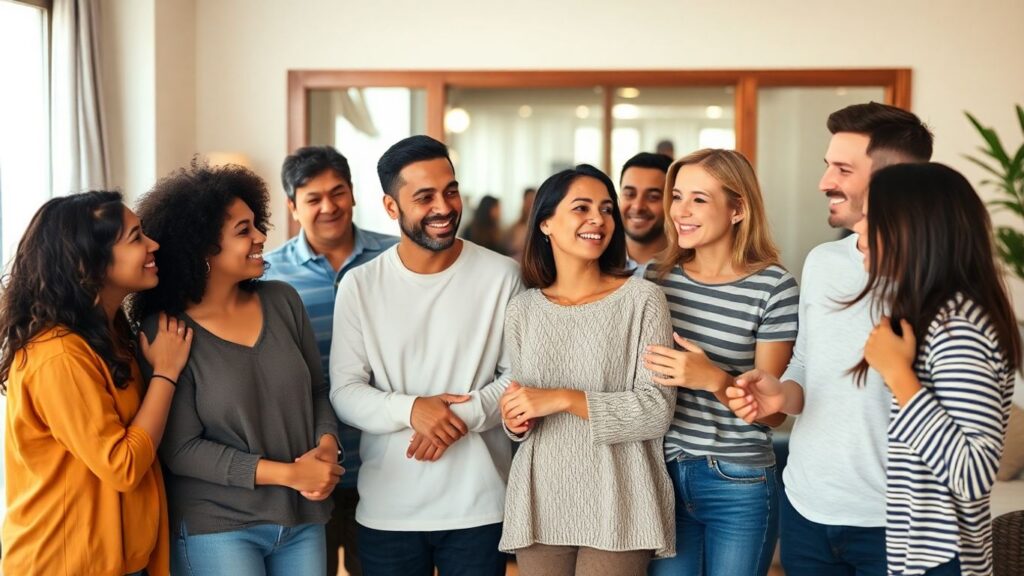Diverse group embracing, symbolizing flexible relationships.