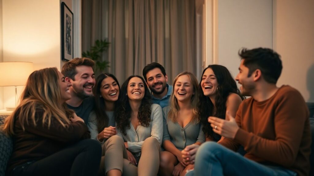 Diverse group in a cozy Berlin apartment sharing intimate moments.