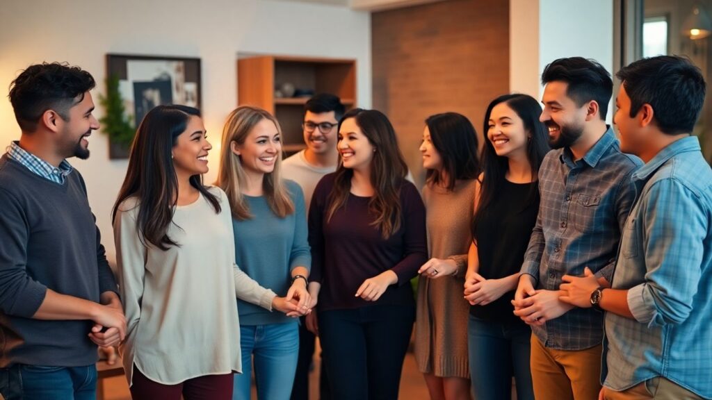 Diverse group in a cozy setting, showing connection and acceptance.