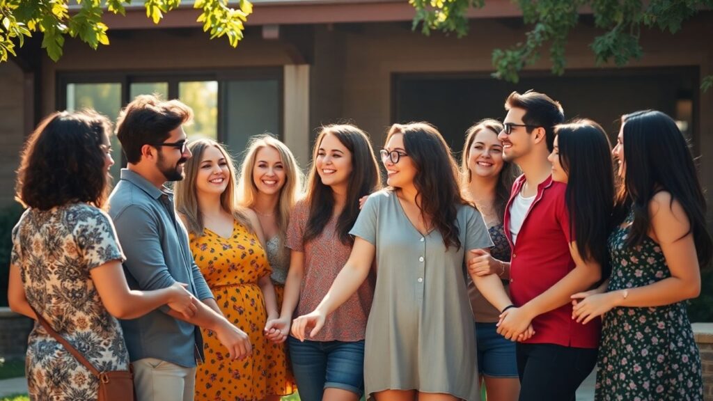 Diverse group in a polyamorous constellation, connected and smiling.