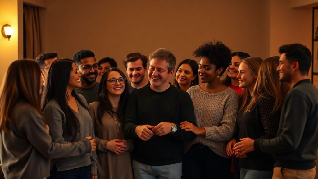 Diverse group in a warm, inviting setting, showing connection.