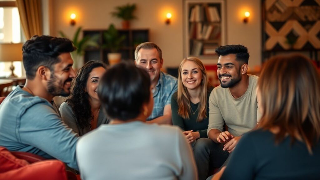 Diverse group in a warm setting, discussing polyamory.