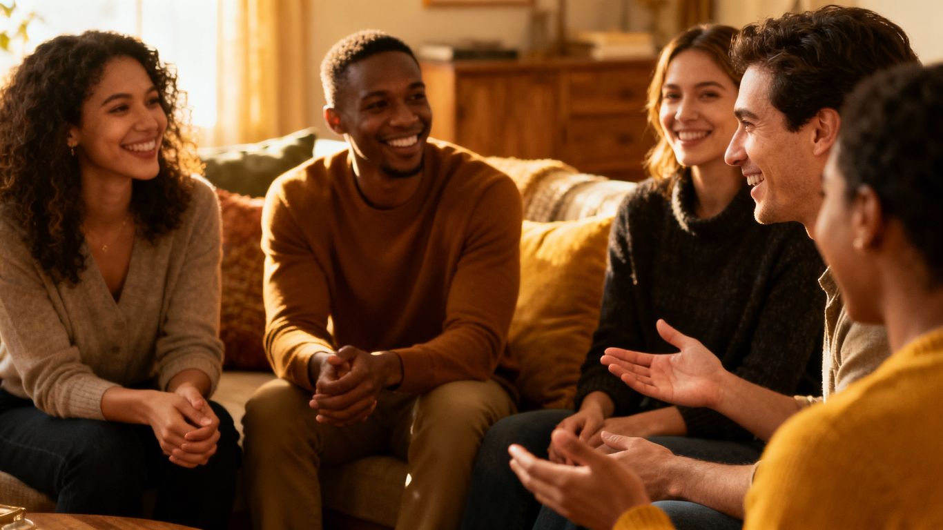 Diverse group in a warm setting discussing polyamory.