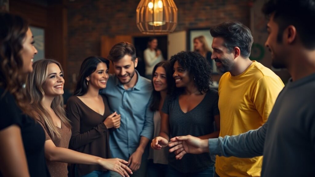 Diverse group in a warm setting, showing connection.