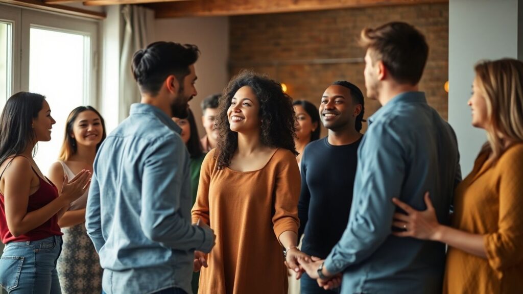 Diverse group in a warm setting, showing connection.