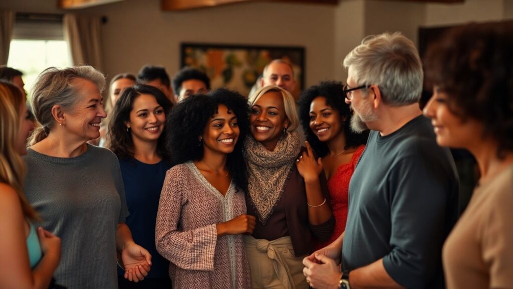 Diverse group in a warm setting, showing connection and comfort.