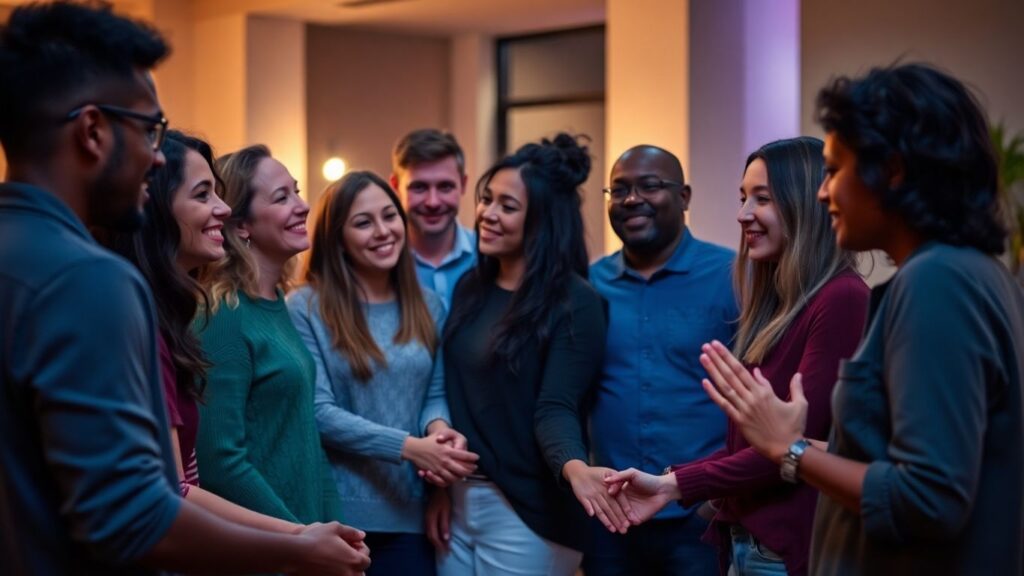 Diverse group in a warm setting, showing connection and intimacy.