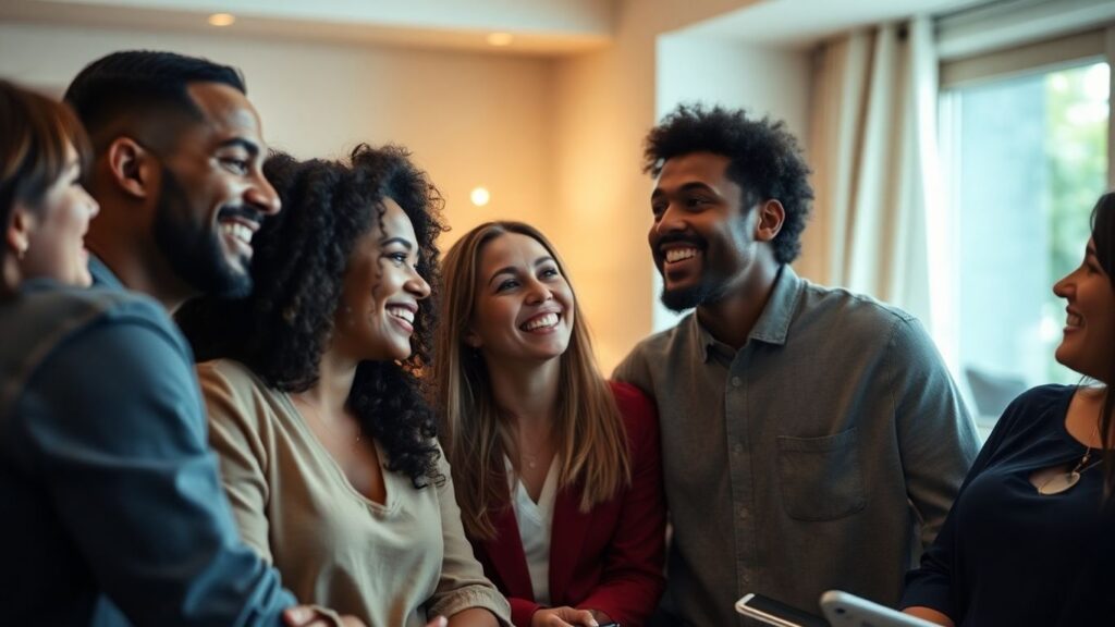 Diverse group in affectionate conversation, modern love
