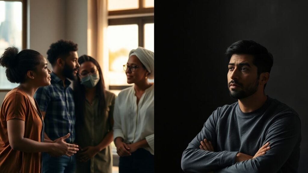 Diverse group in harmony versus isolated individual in frustration.