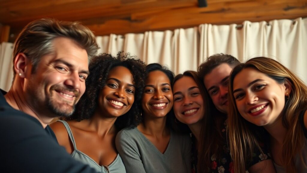 Diverse group in intimate, affectionate setting