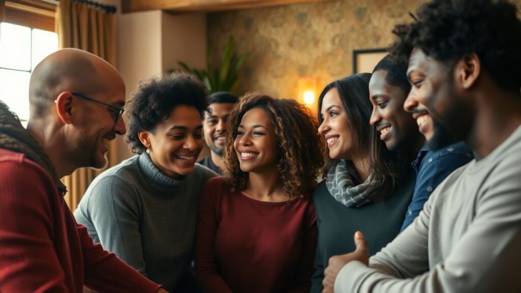 Diverse group in intimate setting, polyamory concept.