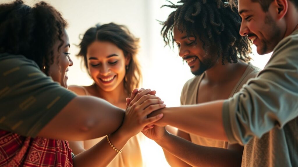 Diverse group in loving embrace