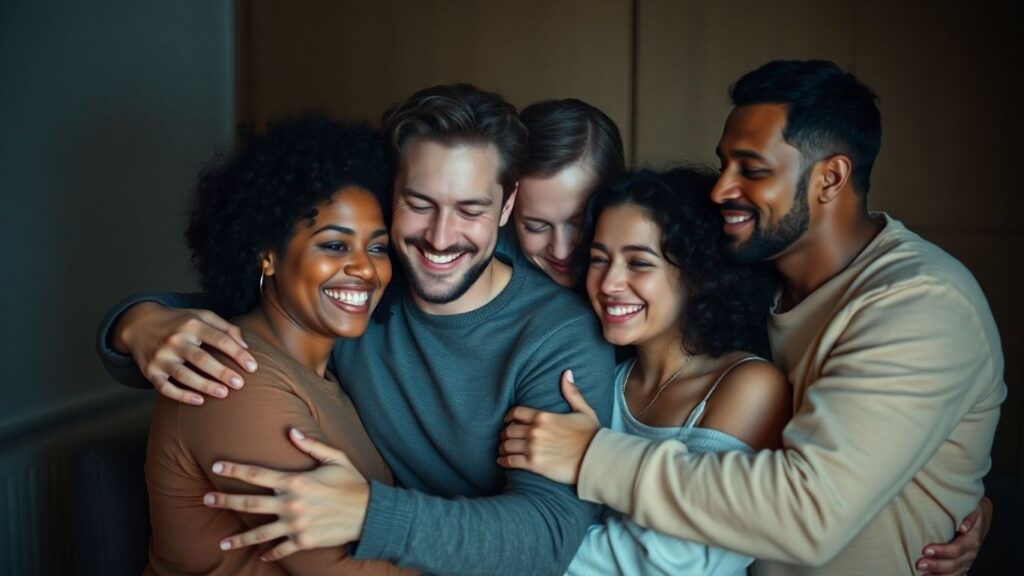 Diverse group in loving polyamorous embrace
