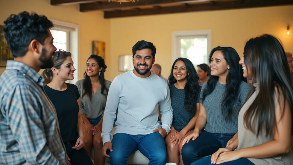 Diverse group in open, intimate conversation.