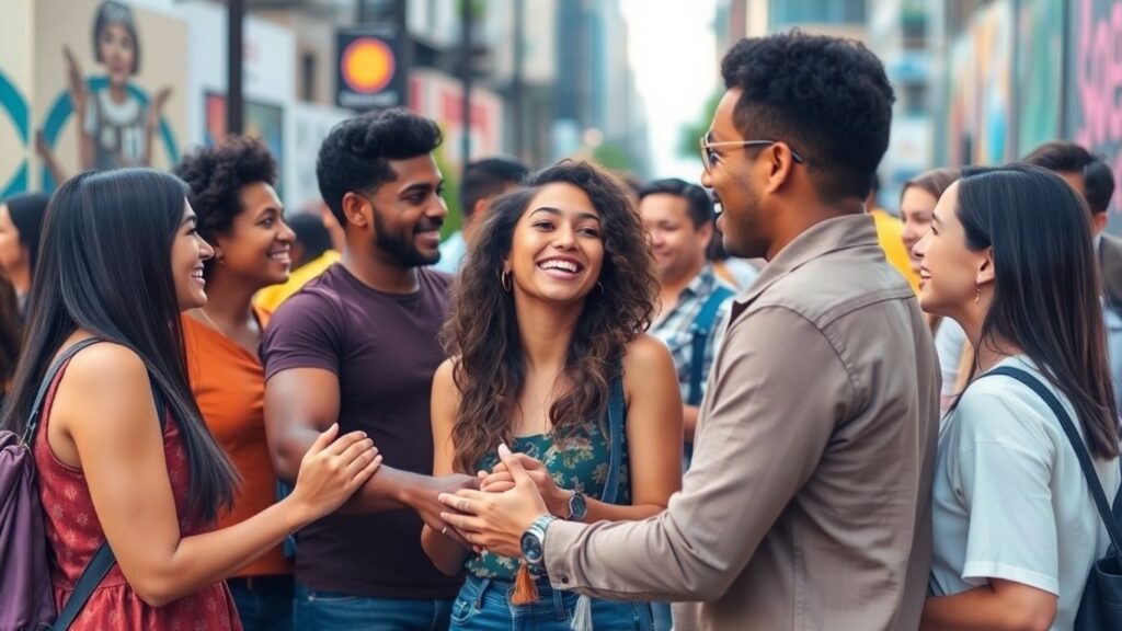 Diverse group in urban setting, showing connection and openness.