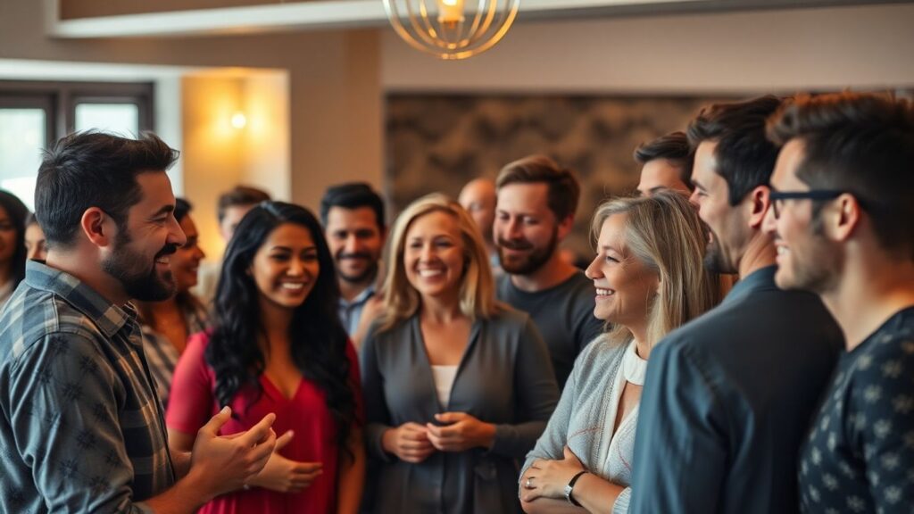 Diverse group of people connecting in a warm, inviting setting.