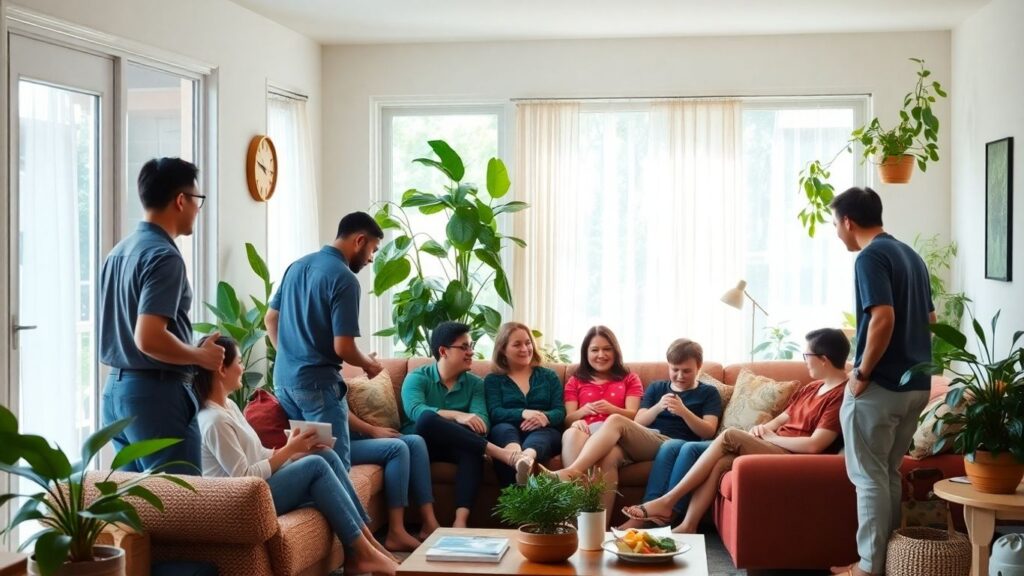 Diverse group of people in a cozy, sunlit home.