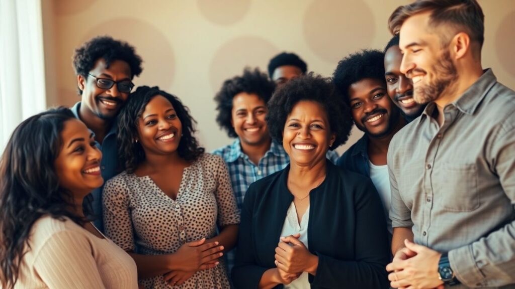 Diverse group of people in a warm, connected polyamorous community setting.