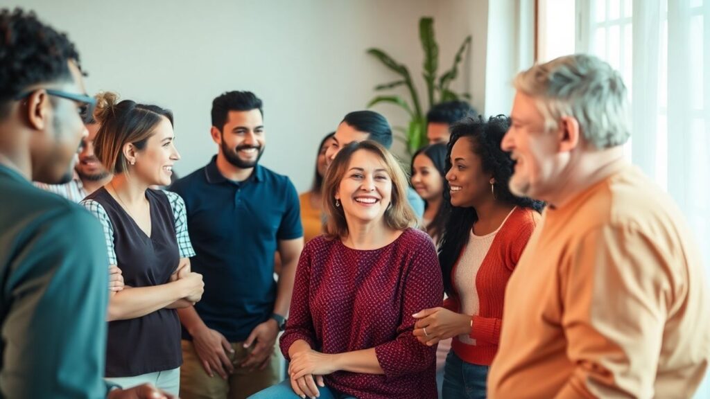 Diverse group of people interacting in a relaxed, inclusive setting.